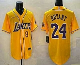 Men's Los Angeles Lakers #8 24 Kobe Bryant Yellow Purple With Patch Cool Base Stitched Baseball Jersey,baseball caps,new era cap wholesale,wholesale hats